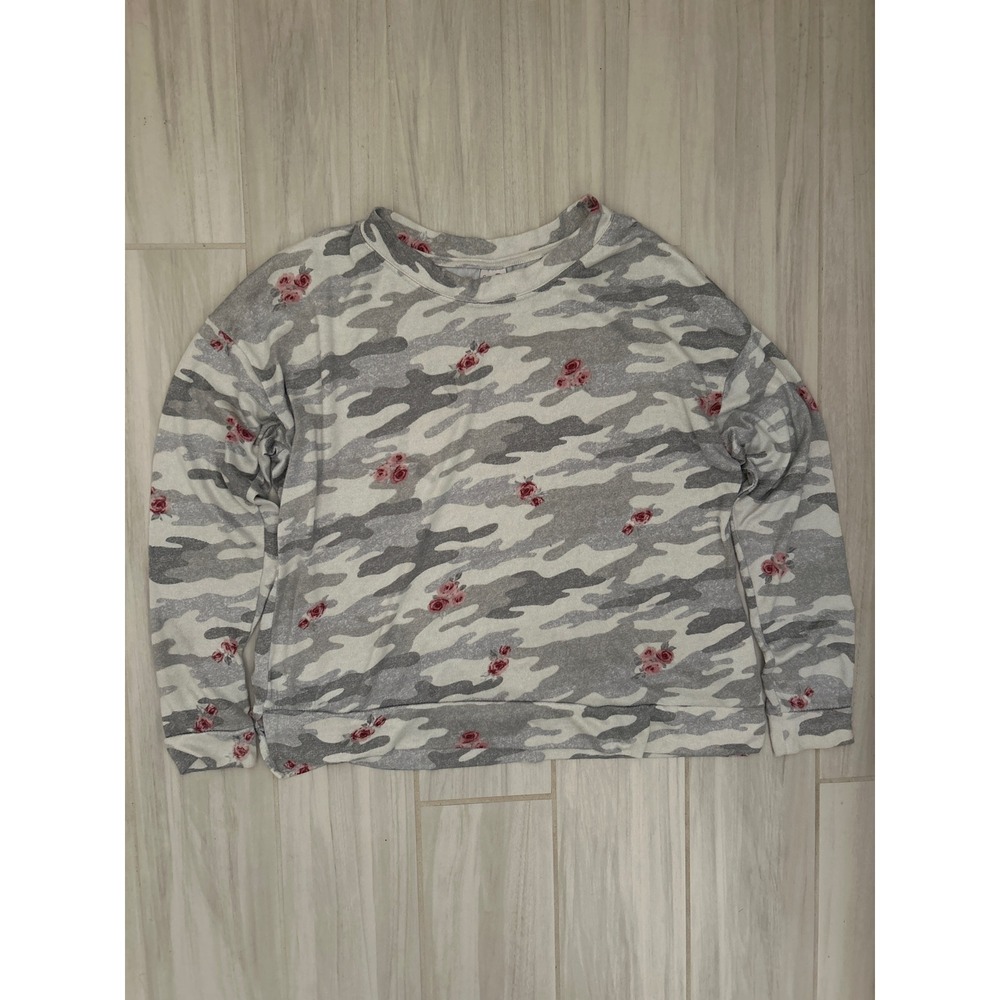 Secret Treasures Womens Camo Floral Pajama Top Grey Pink Rose Lounge ShirtL12-14